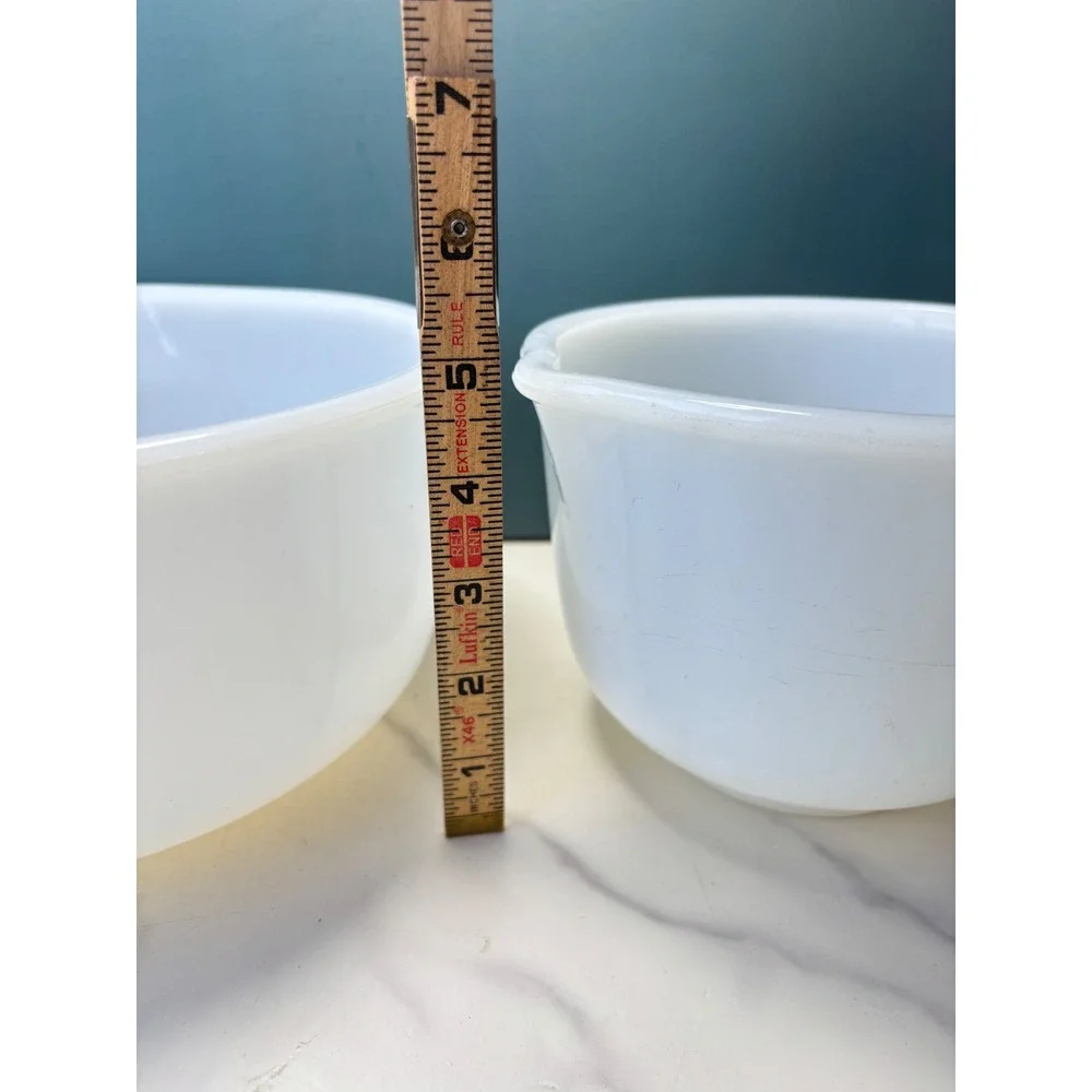 Glasbake for Sunbeam Milk Glass Mixing Bowl Set White Spout Tab Handle USA Made
